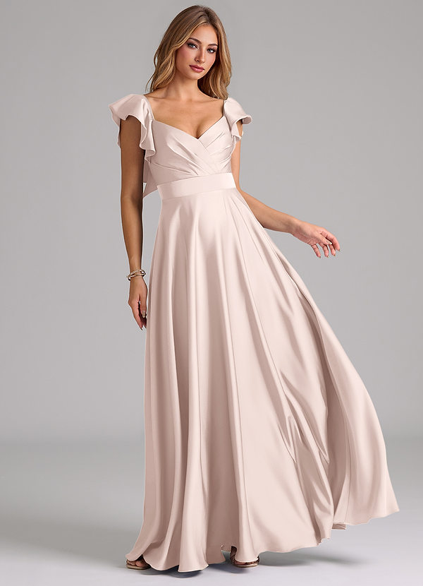 Azazie Leilani Bridesmaid Dresses Blushing Pink A-Line Ruched Stretch Satin Dress image1