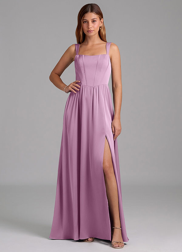 Azazie Rosaline Bridesmaid Dresses Wisteria A-Line Side Slit Stretch Satin Dress image1