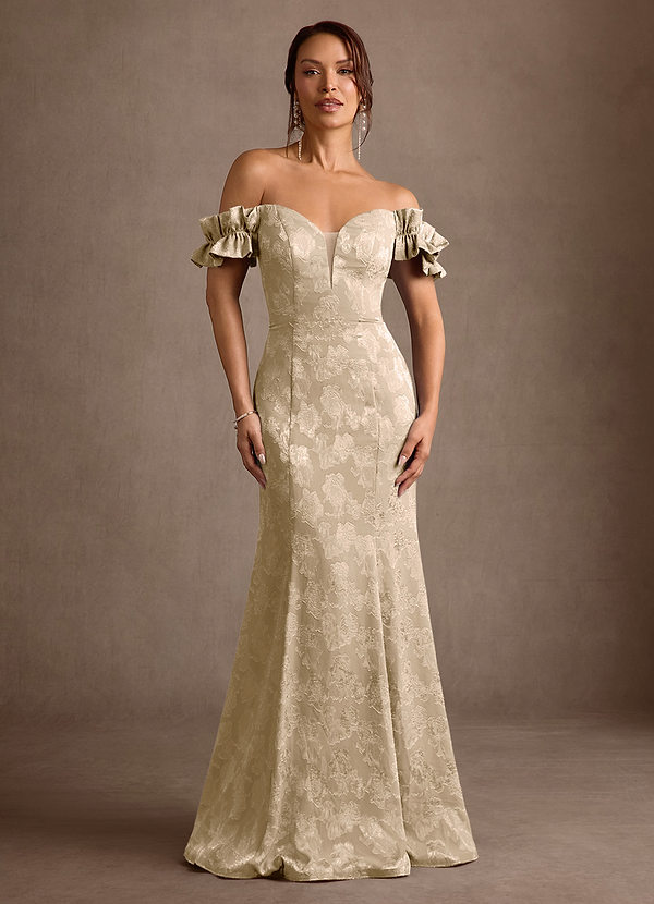 Azazie Allison Vestidos para la madre de la novia Vestido Champán de Devorado Floral de Corte Sirena con Hombros descubiertos image1