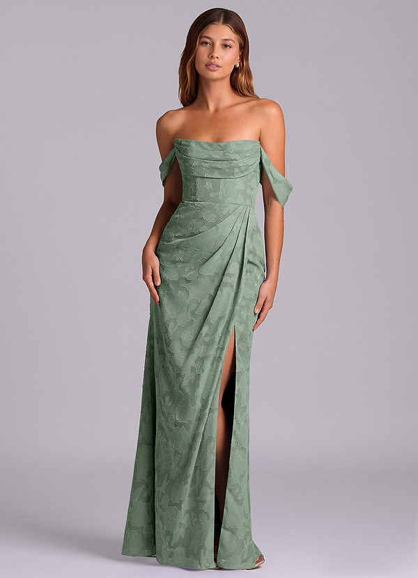 Azazie Johana Brautjungfernkleider Wandelbar Meerjungfrau-Linie Schulterfrei Blumen-Burnout Kleid Matcha image1