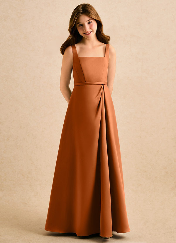 Azazie Emiko Girls Formal Flower Girl Dresses Copper A-Line Pleated Matte Satin Dress image1