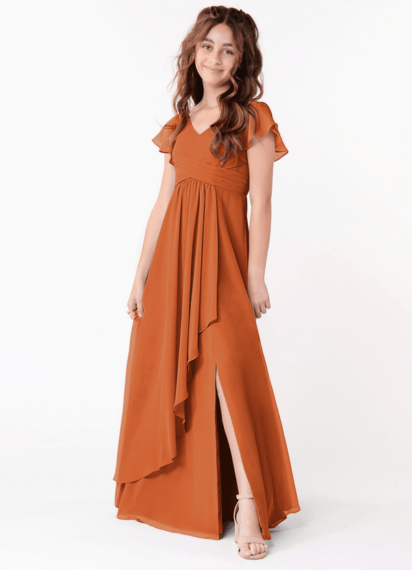Azazie Omari Junior Cinnamon A-Line Ruched Chiffon Dress image1