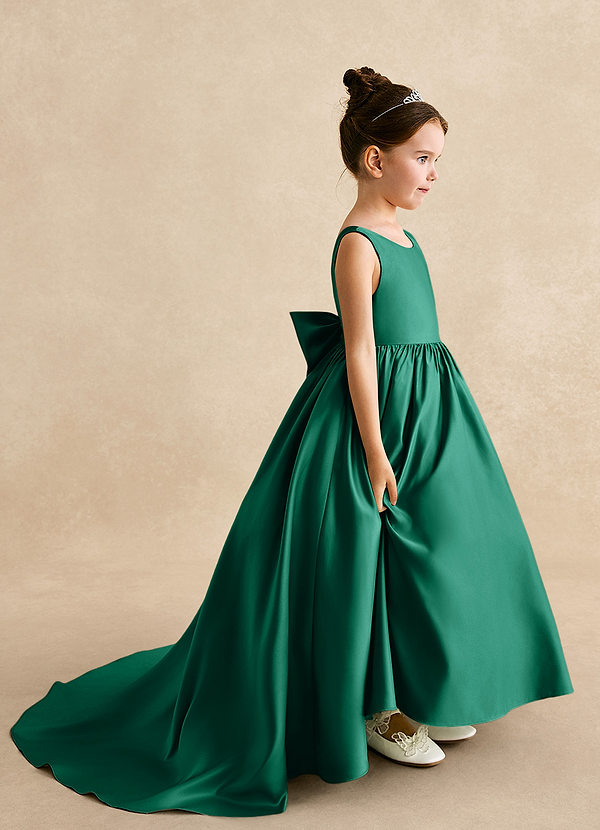 Azazie Mimia Flower Girl Dresses Emerald A-Line Bow Matte Satin Dress image1