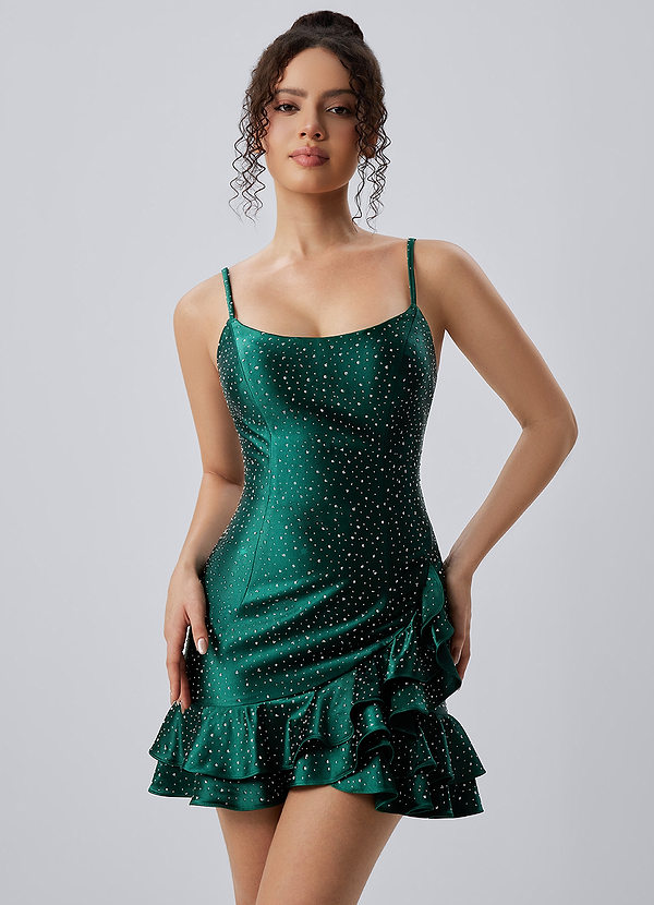 Katerina Mörkgrön Miniklänning med spaghettiband och strass och volanger i satin och snörning image1