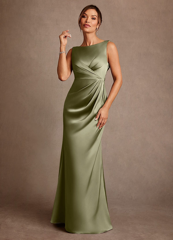 Azazie Baltimore Vestidos de Madre de la Novia Vestido de Pistacho de Satén Elástico de Corte en A con Plisado image1