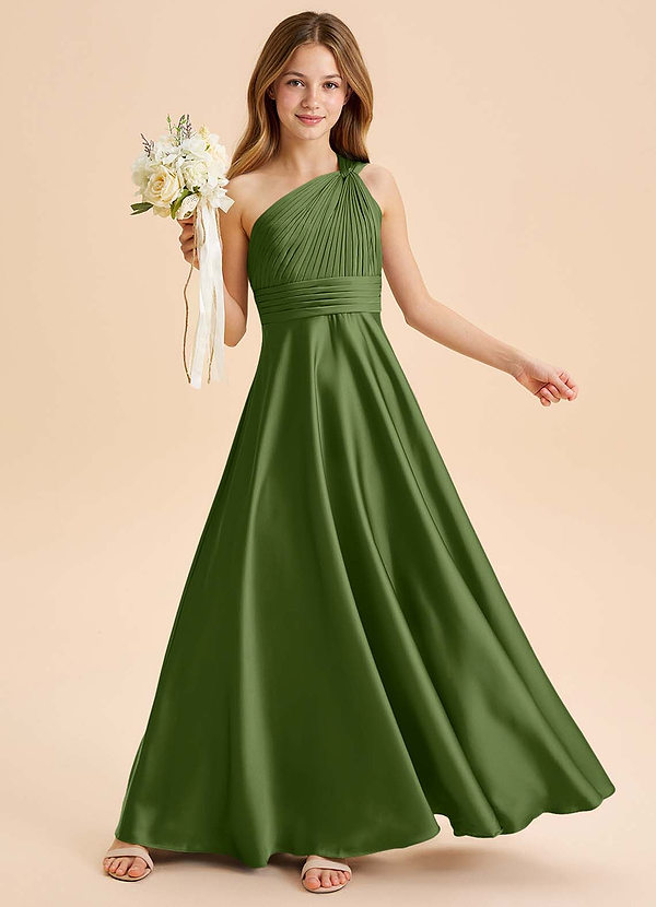 Azazie Charlize Junior Abito A-Line in Raso Elasticizzato Plissettato Ginepro image1