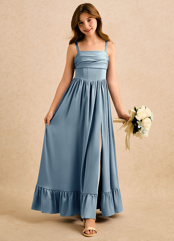 Azazie Maisie Girls Formal Sukienki dla dziewczynek sypiących kwiaty Linia A Marszczony Satyna elastyczna Długość podłogi Sukienka image1