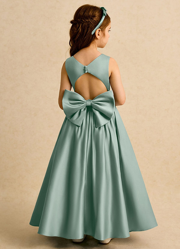 Azazie Nellia Blumenkinder Kleider A-Linie Schleifen Matte Satin Kleid Silberner Salbei image1