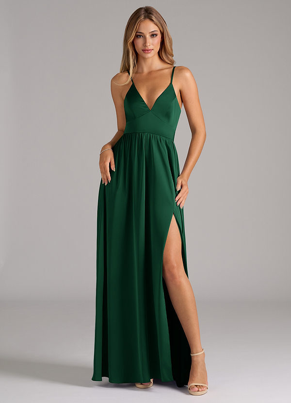 Azazie Aaida Robes Demoiselle d'honneur Robe Trapèze en Satin extensible Corset Vert Foncé image1