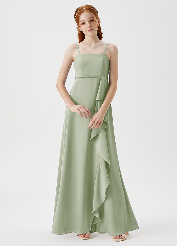Azazie Kaylee Junior Robe Trapèze en Satin extensible avec ceinture Vert Sauge image1