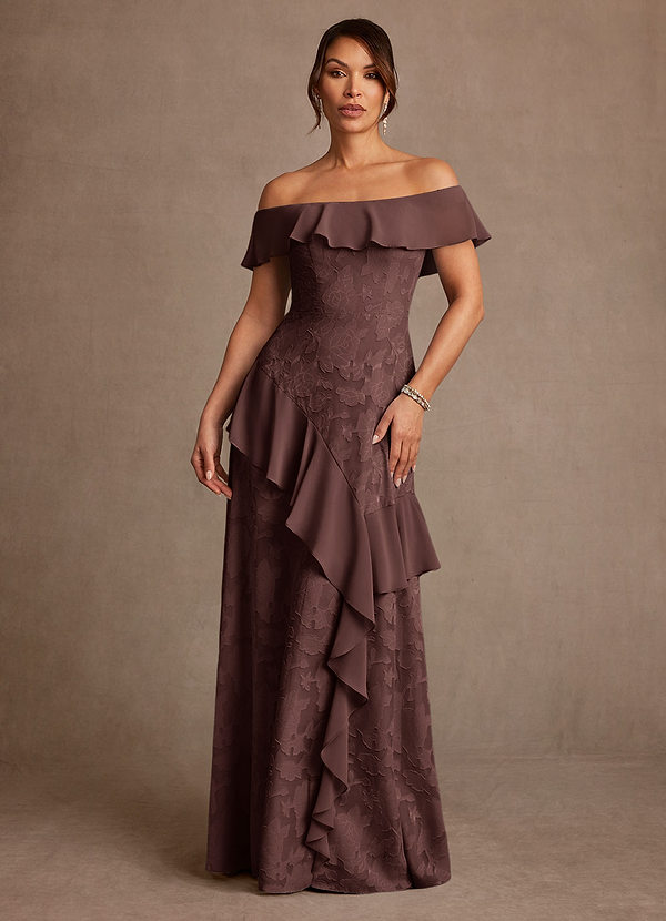 Azazie Marina 신부의 어머니 드레스 A라인 오프 더 숄더 플로럴 번아웃 플로어 길이 드레스 image1