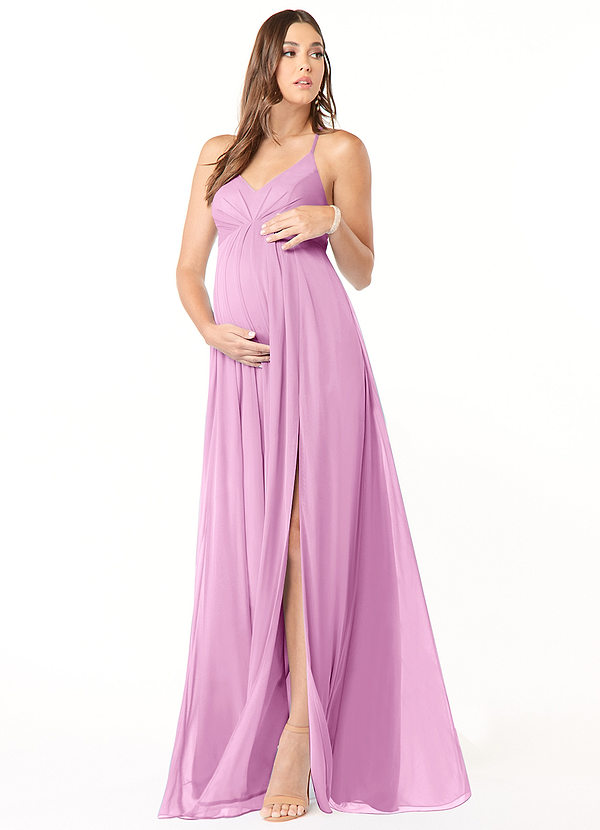 Azazie Annabelle Maternity Bridesmaid Dresses A-Line V-Neck Pleated Mesh Floor-Length Dress image1