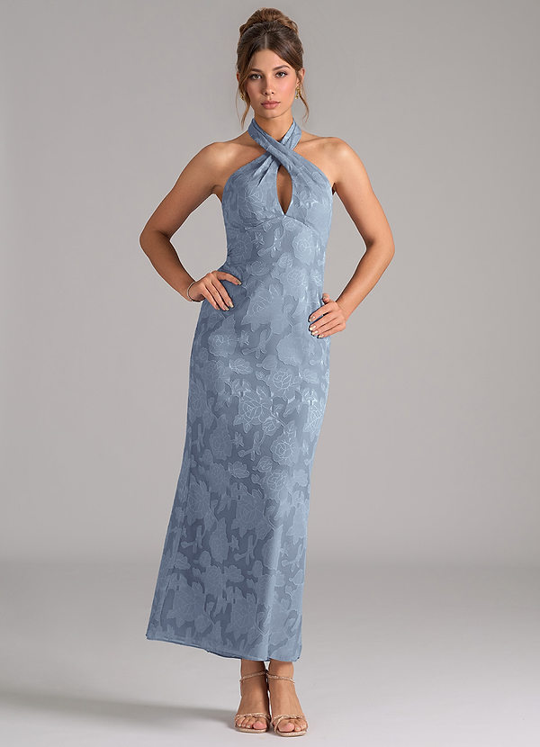 Azazie Marlissa Bridesmaid Dresses Dusty Blue Sheath Pleated Floral Burnout Dress image1