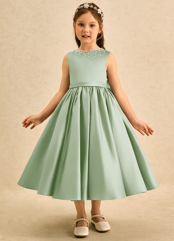 Azazie Doodle Flower Girl Dresses Dusty Sage Ball-Gown Bow Matte Satin Dress image1