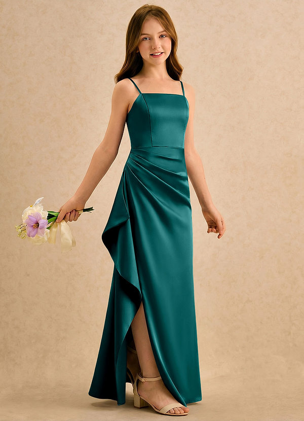 Azazie Cannoli Girls Formal Sukienki dla dziewczynek sypiących kwiaty Linia A Pofałdowany Satyna elastyczna Długość podłogi Sukienka image1