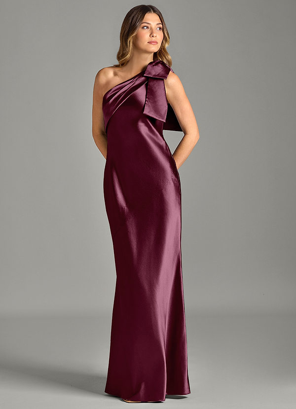 Azazie Yuanna Bridesmaid Dresses Cabernet Mermaid One Shoulder Metallic Satin Dress image1