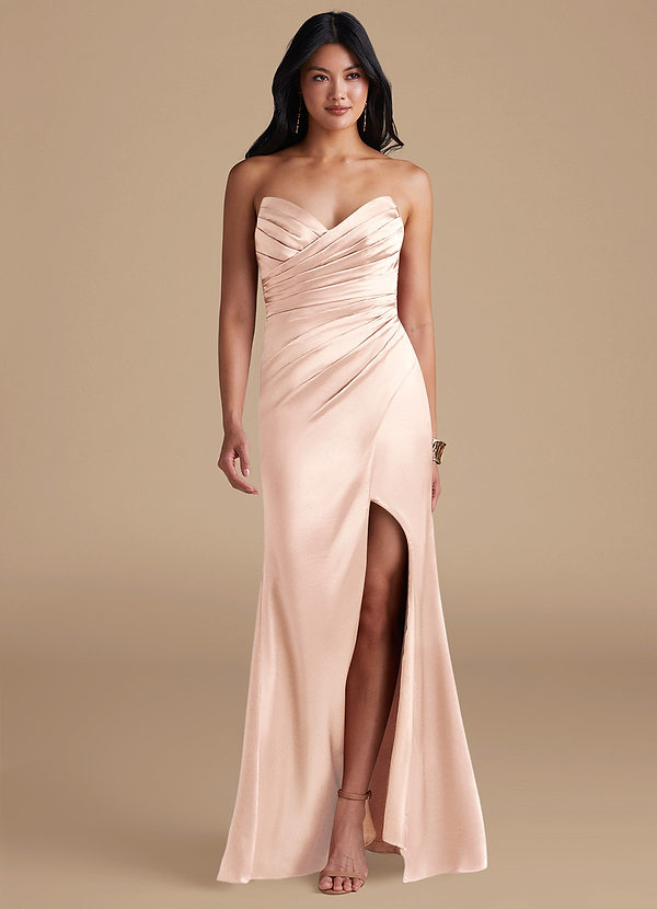 Azazie Yola Abiti da Damigella Abito Tubino in Raso Metallizzato Senza Cinturino Oro Rosa image1