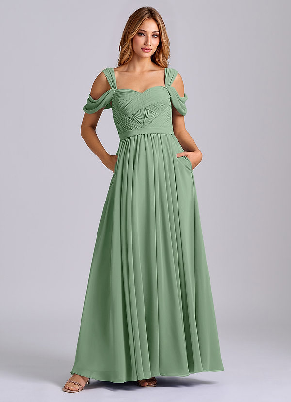 Azazie Koa 신부 들러리 드레스 A라인 오프 더 숄더 쉬폰 바닥 길이 드레스 image1