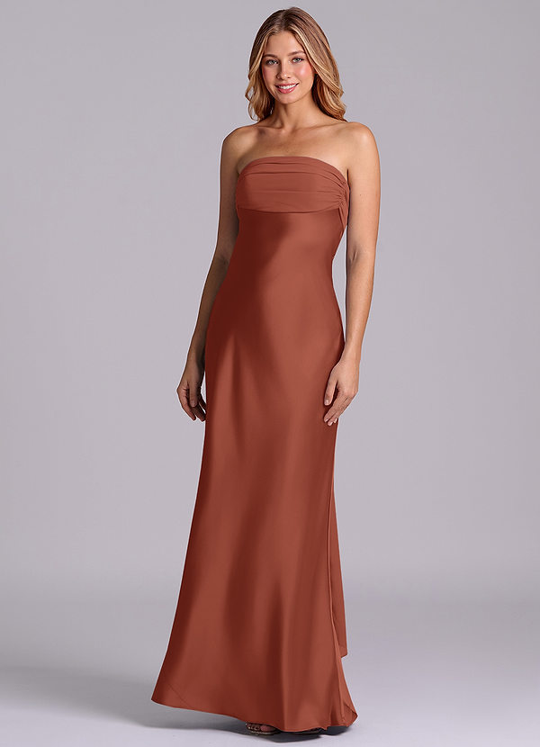 Azazie Ailanie Brudtärneklänningar Klä av Tubklänning i Stretch Satin Axelbandslös Kastanjebrunt image1