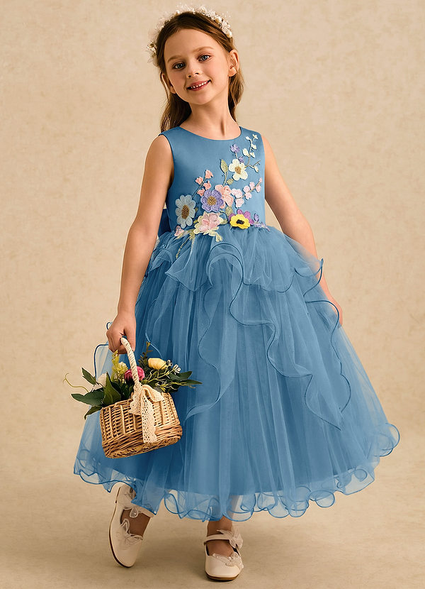 Azazie Savannah Flower Girl Dresses Steel Blue Ball-Gown Lace Tulle Dress image1