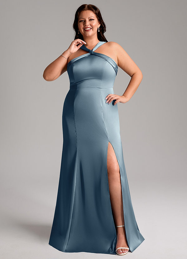 Azazie Rue Robes Demoiselle d'honneur Robe Trapèze en Satin extensible Plissée Bleu Poussiéreux image1
