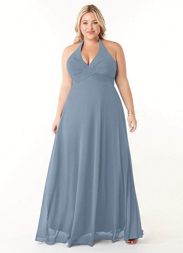 Azazie Tessie Brautjungfernkleider A-Linie V-Hals Gefaltet Chiffon Kleid Staubblau image1