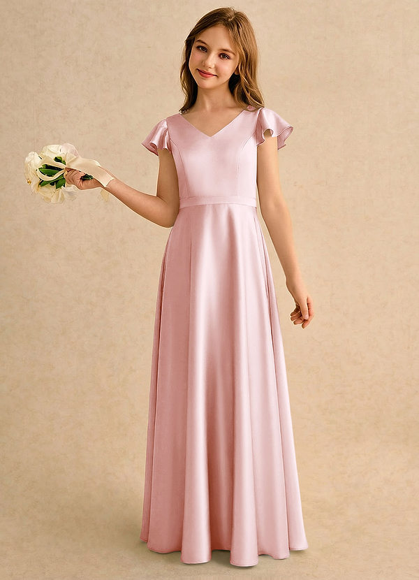 Azazie Nari Girls Formal Sukienki dla dziewczynek sypiących kwiaty Linia A z rękawami Satyna elastyczna Długość podłogi Sukienka image1