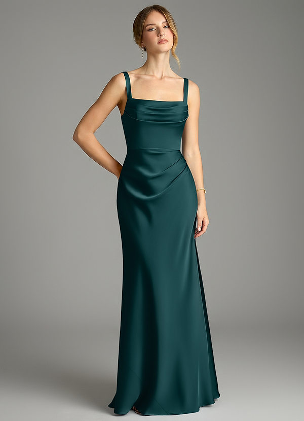 Azazie Alouette Bridesmaid Dresses Pine Mermaid Pleated Stretch Satin Dress image1