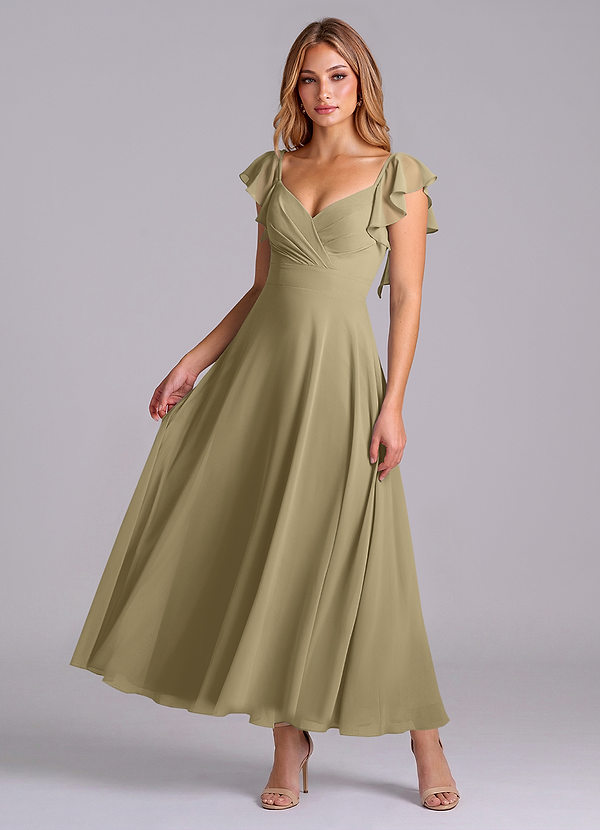 Azazie Leilani 신부 들러리 드레스 A라인 셔링 쉬폰 발목 길이 드레스 image1