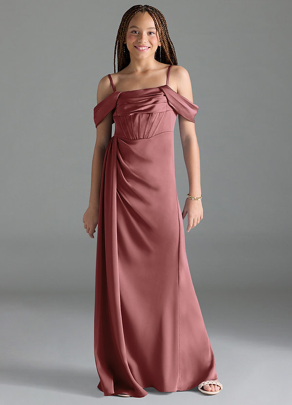 Azazie Amyra Junior Amethyst Sheath Off the Shoulder Stretch Satin Dress image1