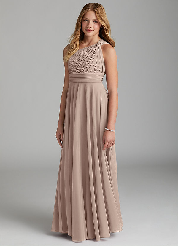 Azazie Charlize Junior Taupe A-Line Mesh Dress image1