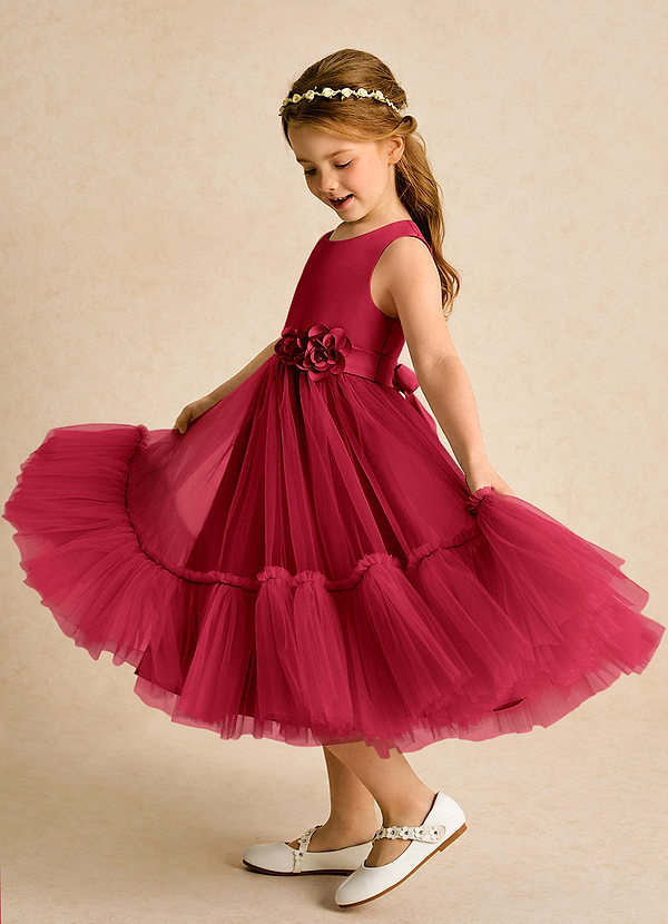 Azazie Miracle Vestidos de Niña de Flores Vestido de Escarlata de Satin Mate de Corte En A con Lazo image1