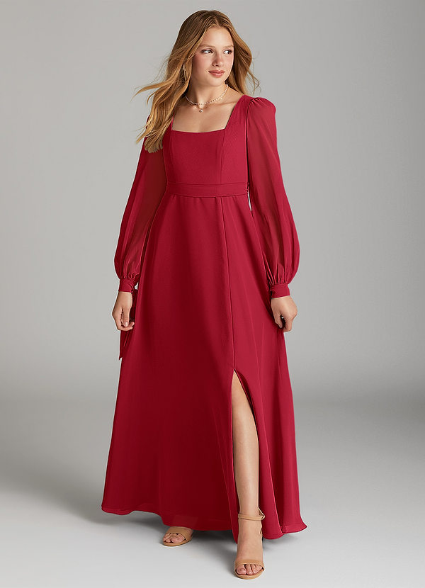 Azazie Leonia Junior A라인 포켓이 있는 쉬폰 플로어 길이 주니어 신부 들러리 드레스 image1