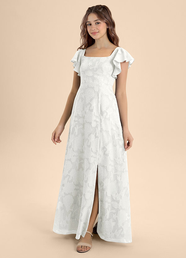 Azazie Bondi Junior White A-Line Bow Floral Burnout Dress image1