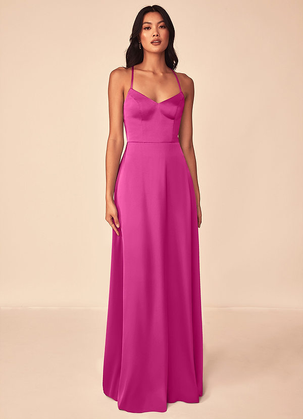Azazie Mei Brautjungfernkleider A-Linie V-Hals Stretch-Satin Kleid Fuchsia image1