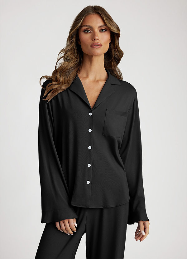 front Black Bamboo Fiber Ruffled Long Sleeve Pajama Set