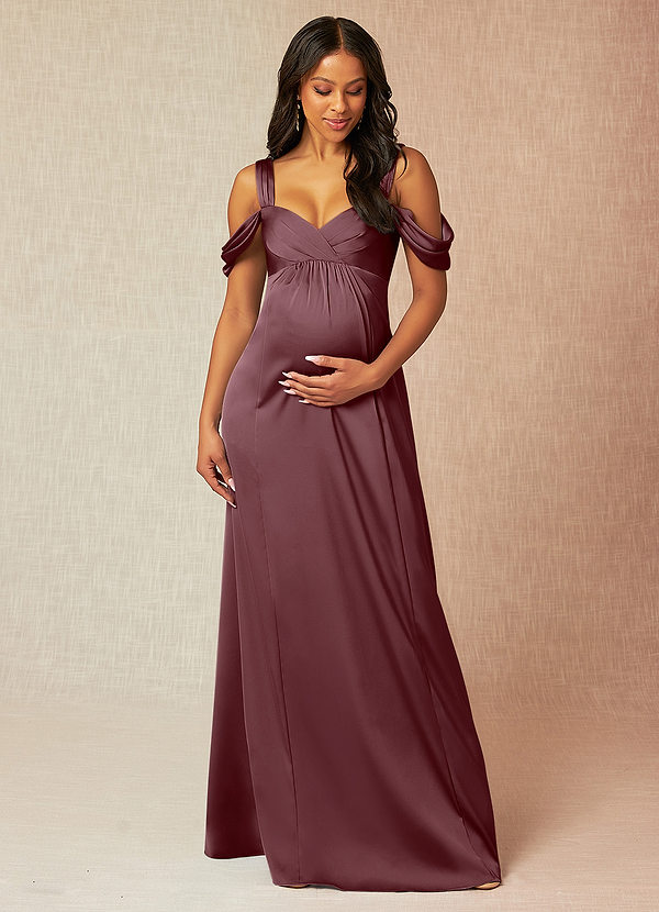 Azazie Rhea Vestidos de dama de honor de maternidad Vestido de Corte En A Off The Shoulder Plisado Hasta el suelo Satén Elástico image1