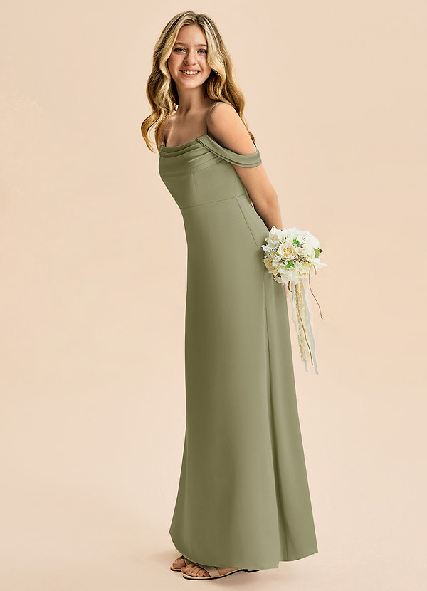 Azazie Lettie Junior Vestido Pistache de Cetim elástico de Linha A com Fora do ombro image1