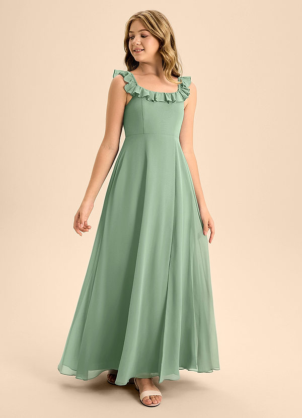 Azazie Callie Junior Jurk van Chiffon met A-Lijn Ruches Matcha image1