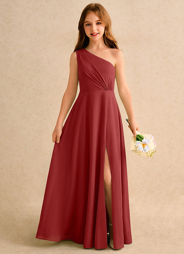 Azazie Puddles Girls Formal Robes de Fillette d'Honneur Robe Trapèze en Mousseline de soie Une épaule Rouille image1