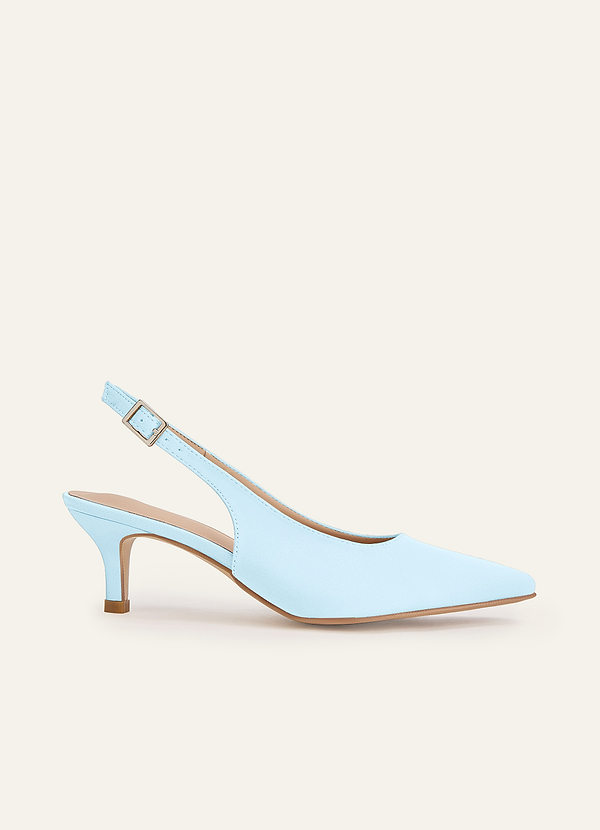 front Matching Color Matte Satin Pointed Toe Slingback Kitten Heel