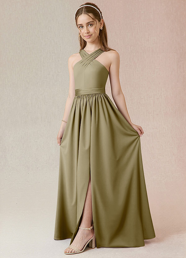 Azazie Jiya Junior Moss Green A-Line Pleated Stretch Satin Dress image1