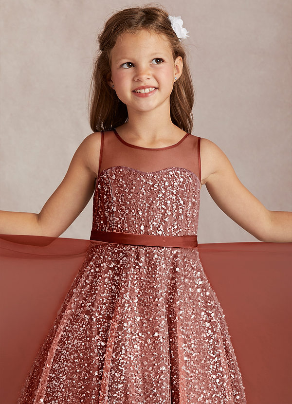 Azazie Siwa Flower Girl Dresses Terracotta A-Line Beaded Tulle Dress image1