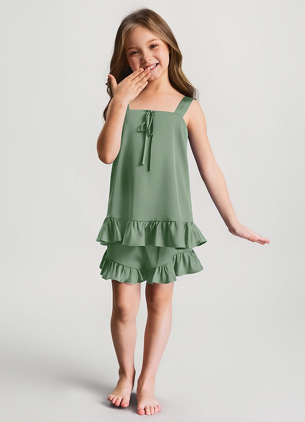 front Matcha Conjunto de pijama para niñas con top y pantalones cortos de satén con volantes