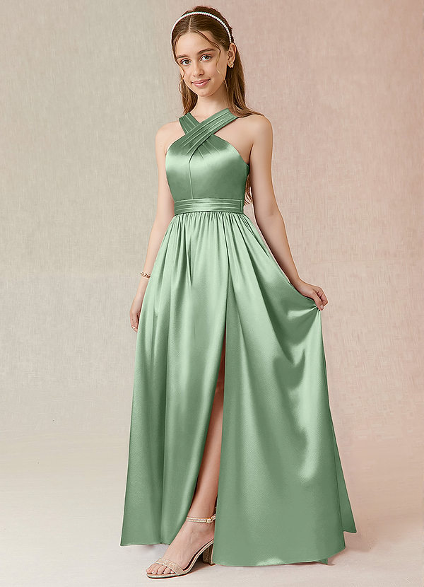Azazie Jiya Junior Robe Trapèze en Satiné métallisé Plissée Matcha image1