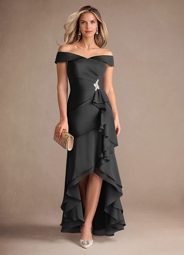 Azazie Billings Mother of the Brides Dresses Black Mermaid Off the Shoulder Stretch Satin Dress image1