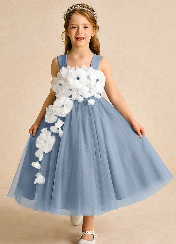 Azazie Dovey Abiti da Ragazza di Fiori Abito Principessa in Tulle Fiocco Blu Polveroso image1