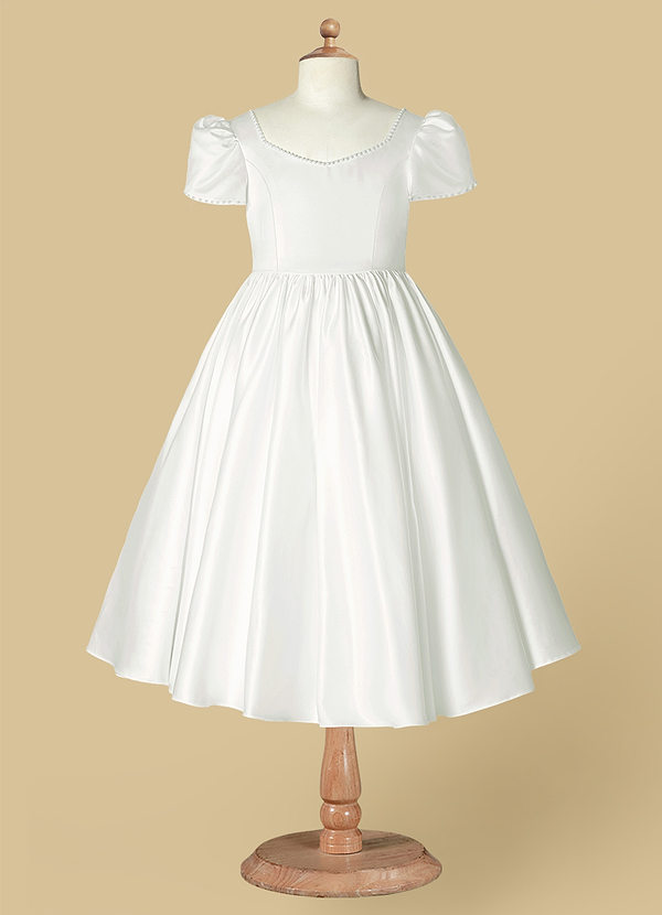 Azazie Juno Flower Girl Dresses A-Line Sweetheart Neckline Matte Satin Tea-Length Dress image1