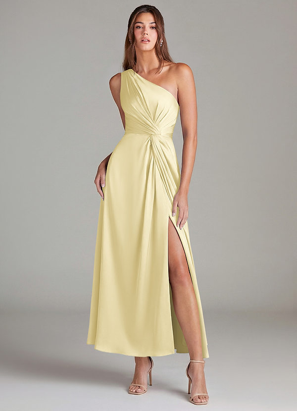 Azazie Brooke Brautjungfernkleider A-Linie One-Shoulder Stretch-Satin Kleid Zitronensorbet image1