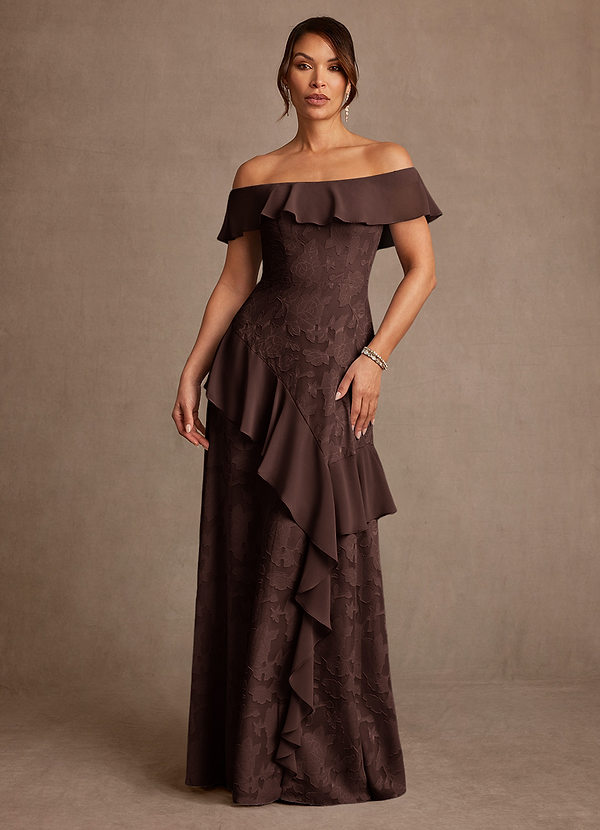 Azazie Marina 신부의 어머니 드레스 A라인 오프 더 숄더 플로럴 번아웃 플로어 길이 드레스 image1